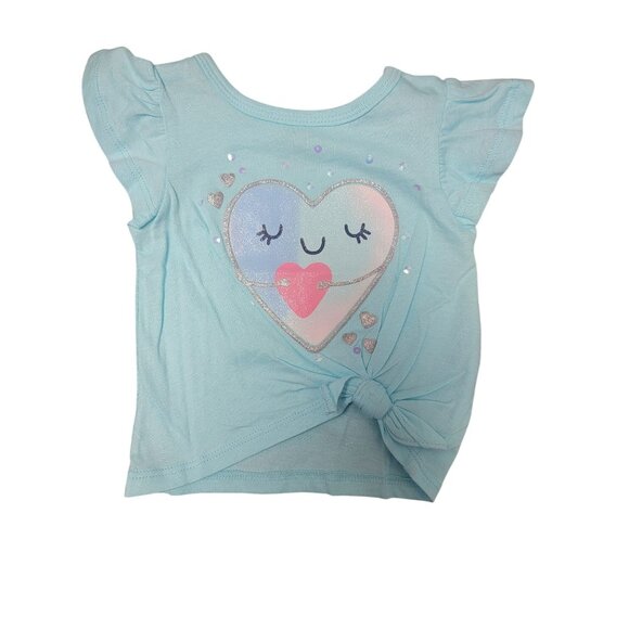 Baby Girls Carters Light Blue Heart Graphic T-Shirt With Ruffle Sleeves & Front - Picture 2 of 4